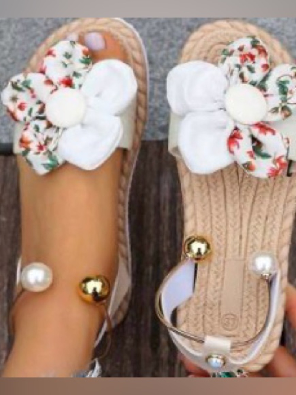 Floral Pearl-Accent Women’s Sandals - White size 9.5